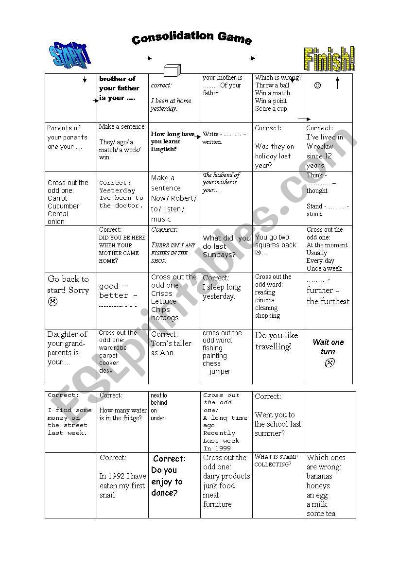 Consolidation game worksheet