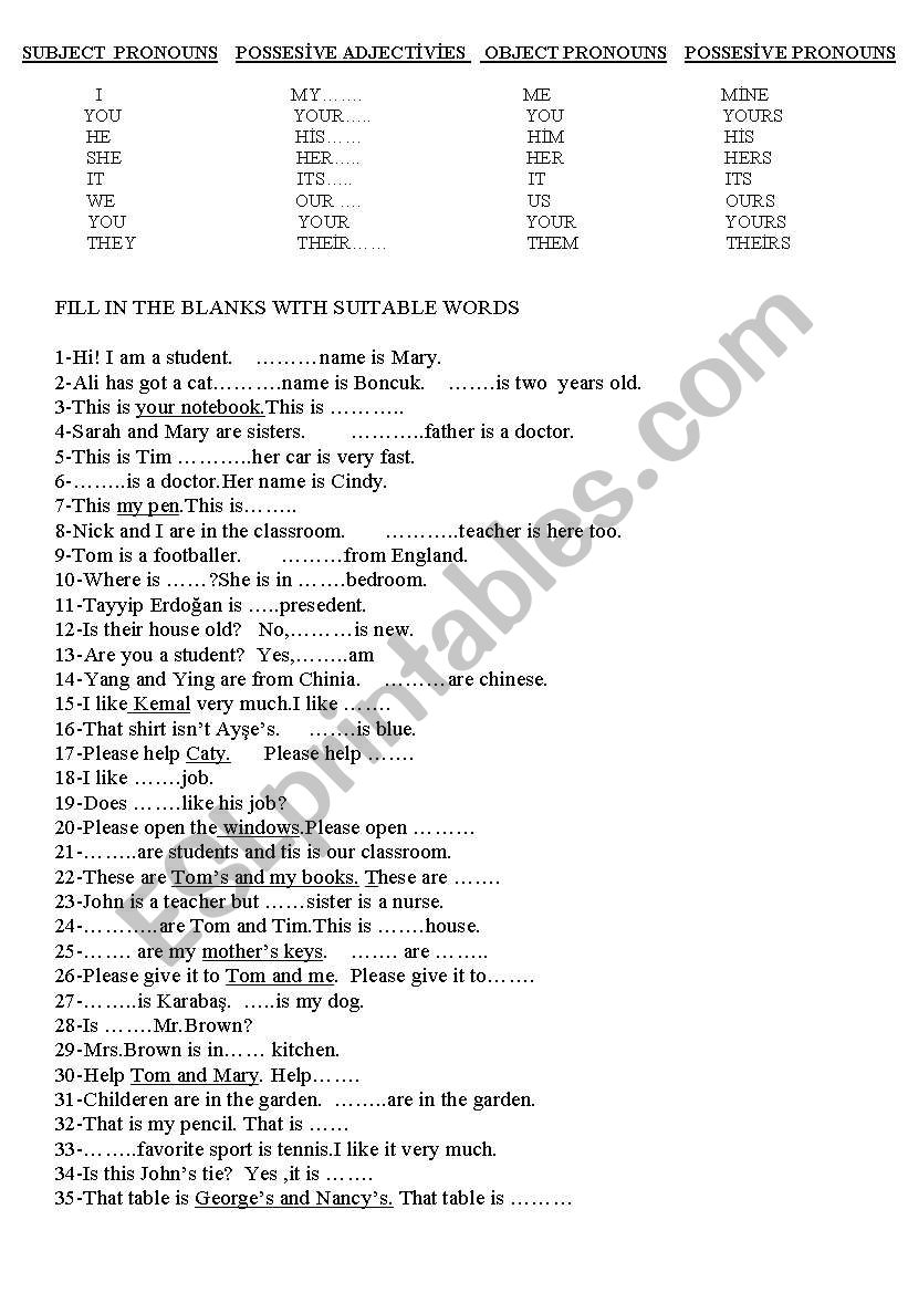 subject pronoun -possesive adjectves