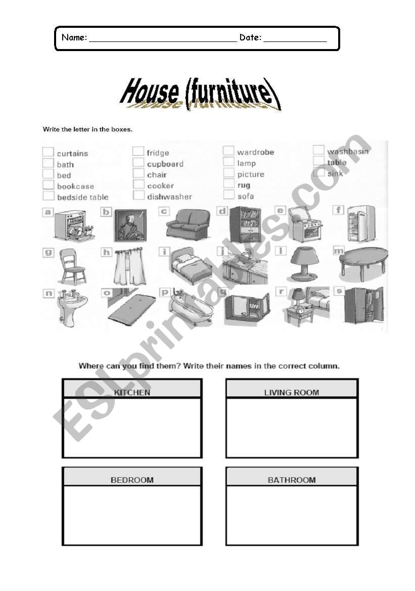Furniture Homework worksheet