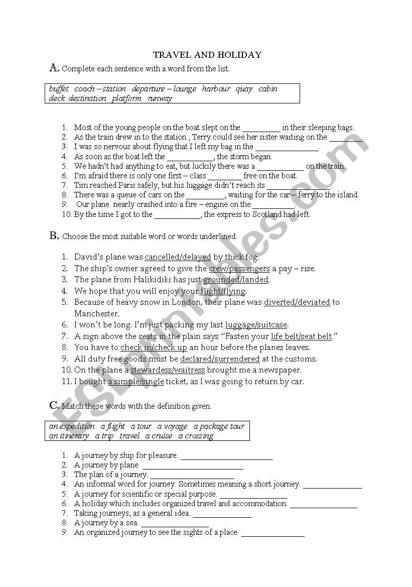 travel and holiday worksheet