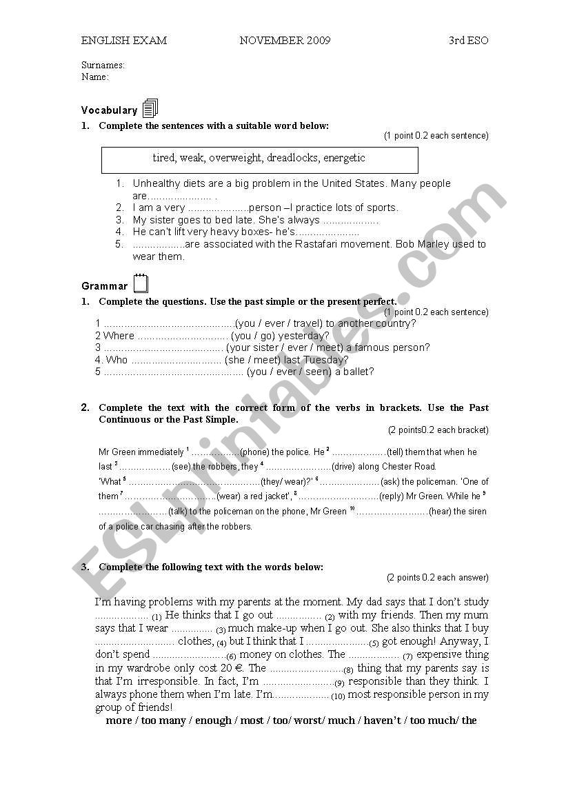 exam worksheet