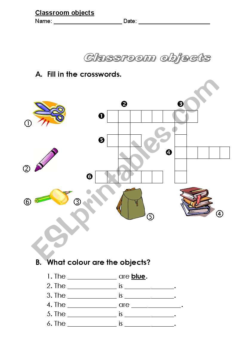 Classroom objects crosswords and writing