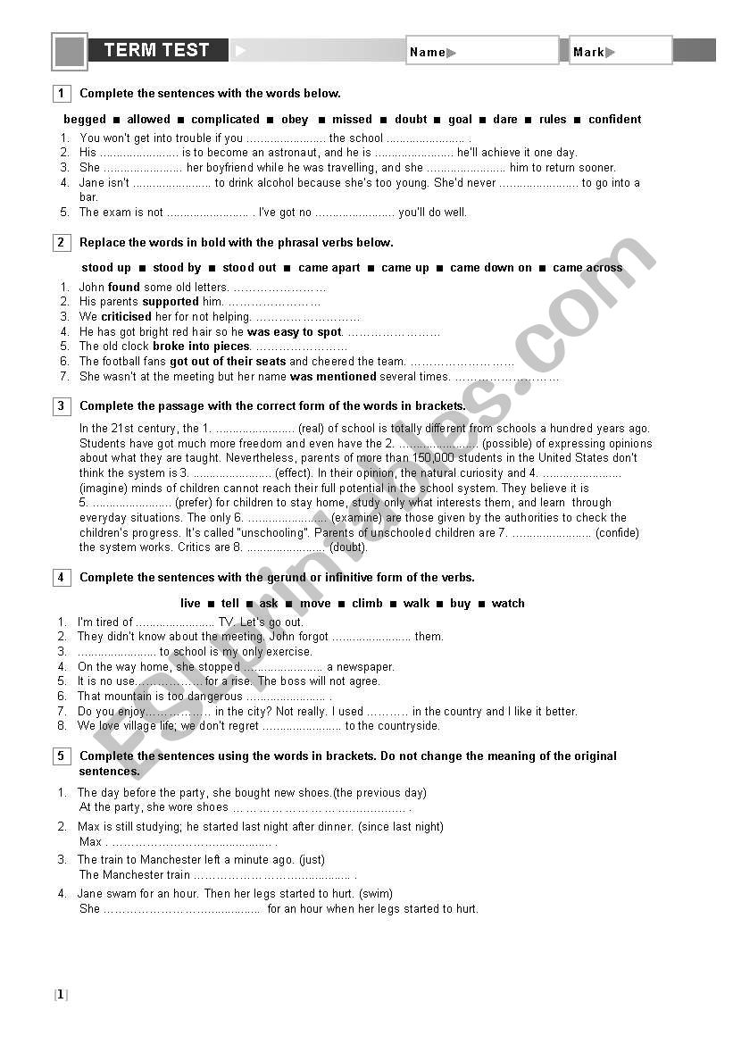 test worksheet