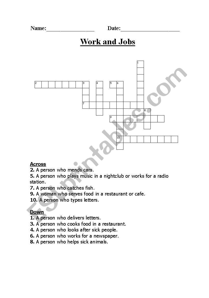 Jobs and work crossword worksheet