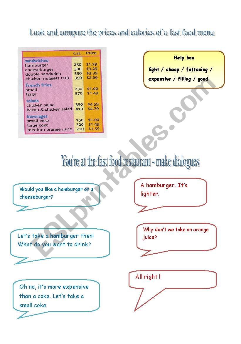 Comparatives and food worksheet