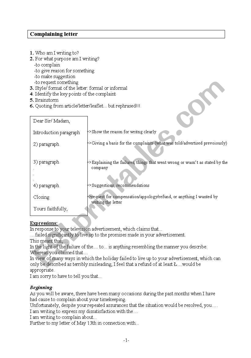 Complaining letter writing worksheet