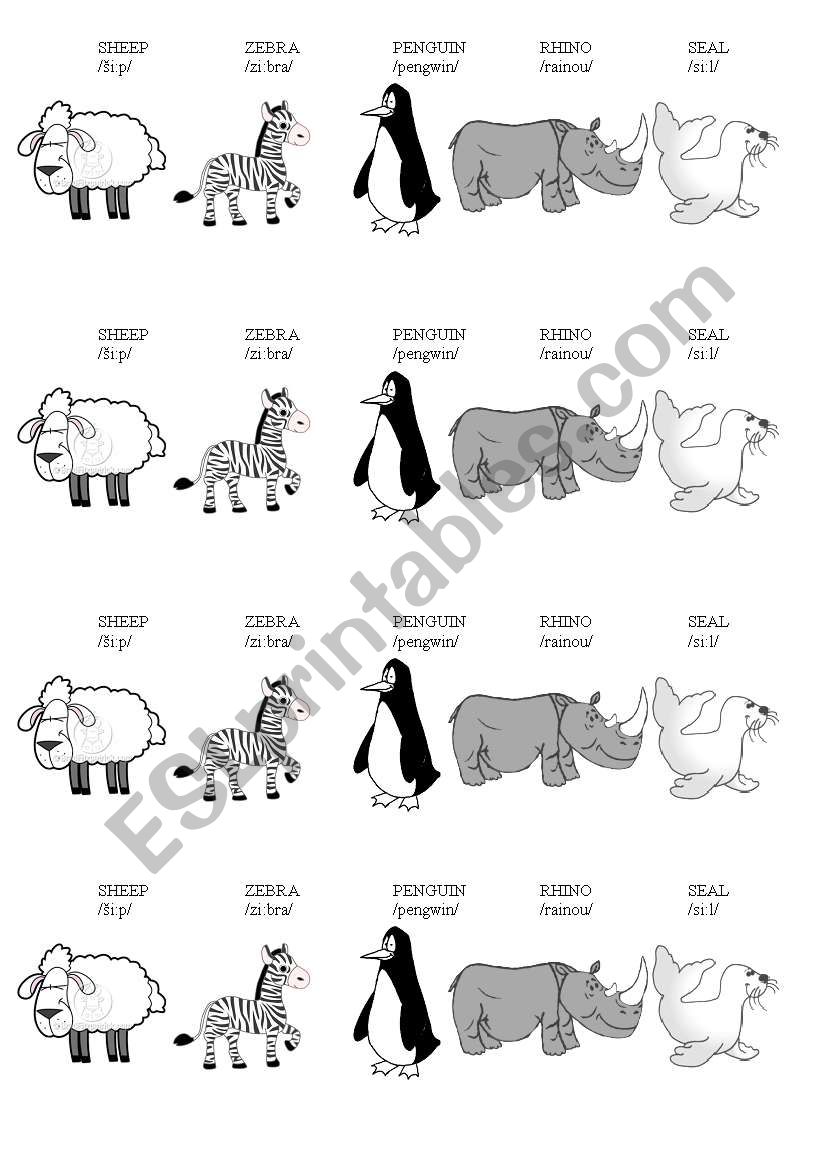 Animals 1 + pronunciaton (sheep, zebra, penguin, hippo, seal)