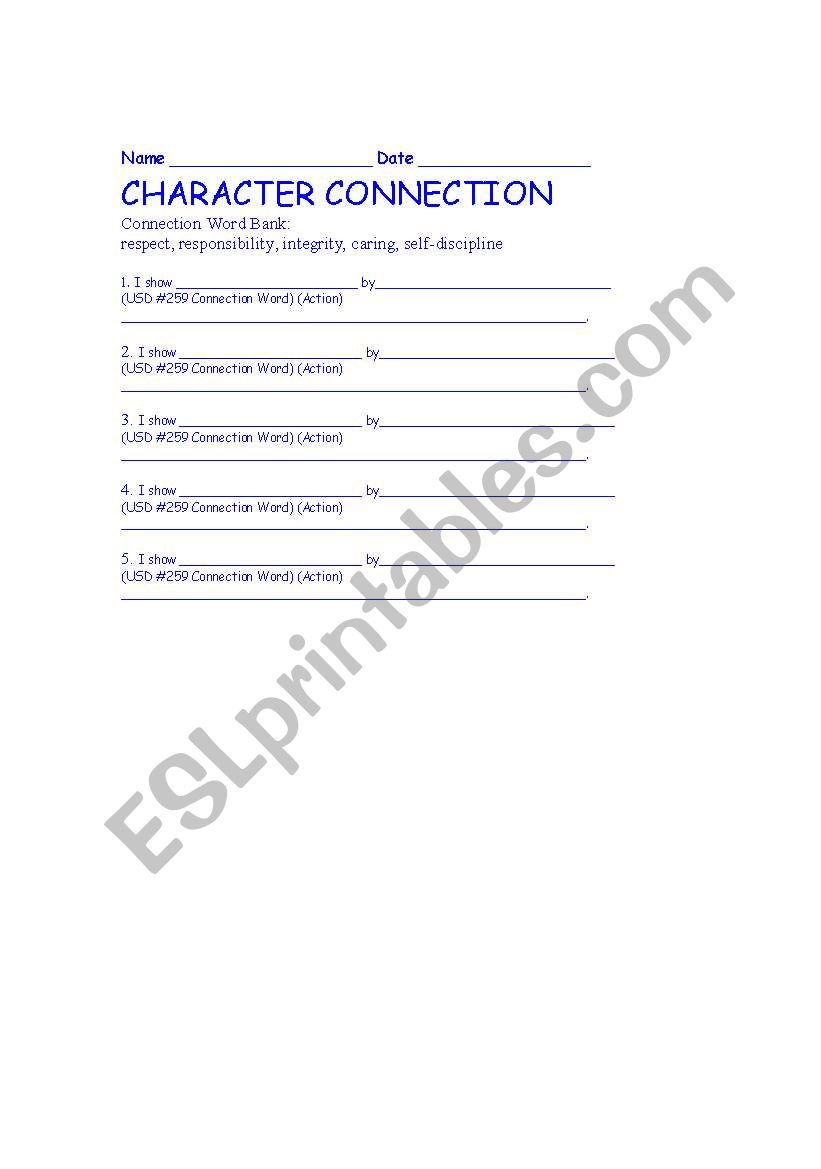 Character Connection worksheet
