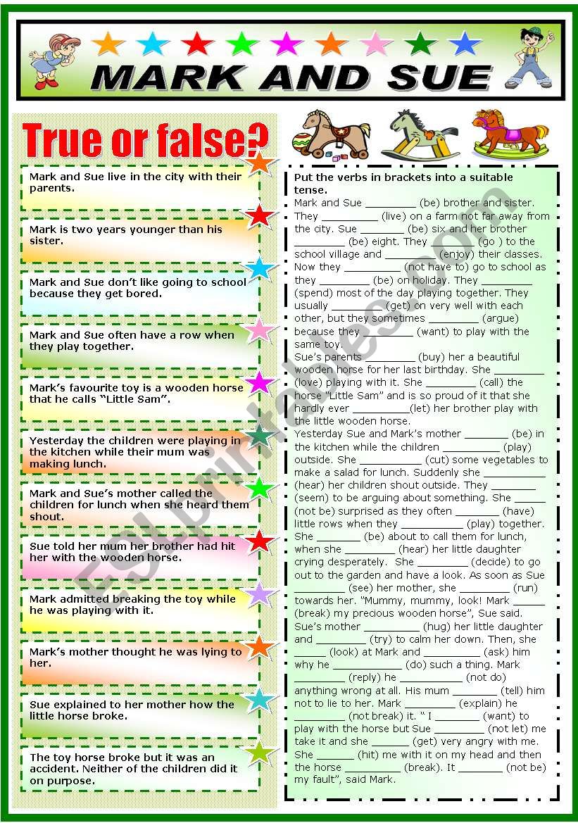 MARK AND SUE .READING AND COMPREHENSION + MIXED TENSES (KEY AND B&W VERSION INCLUDED)