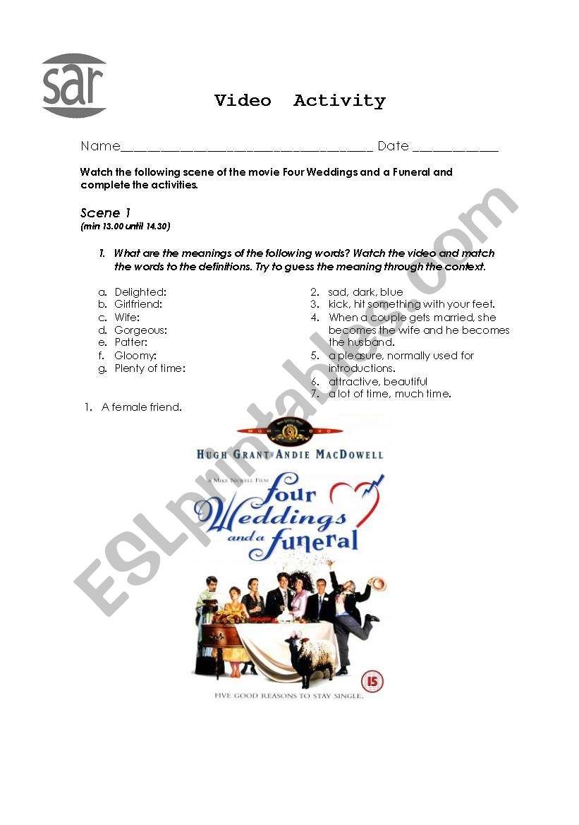 Four weddings and a funeral worksheet