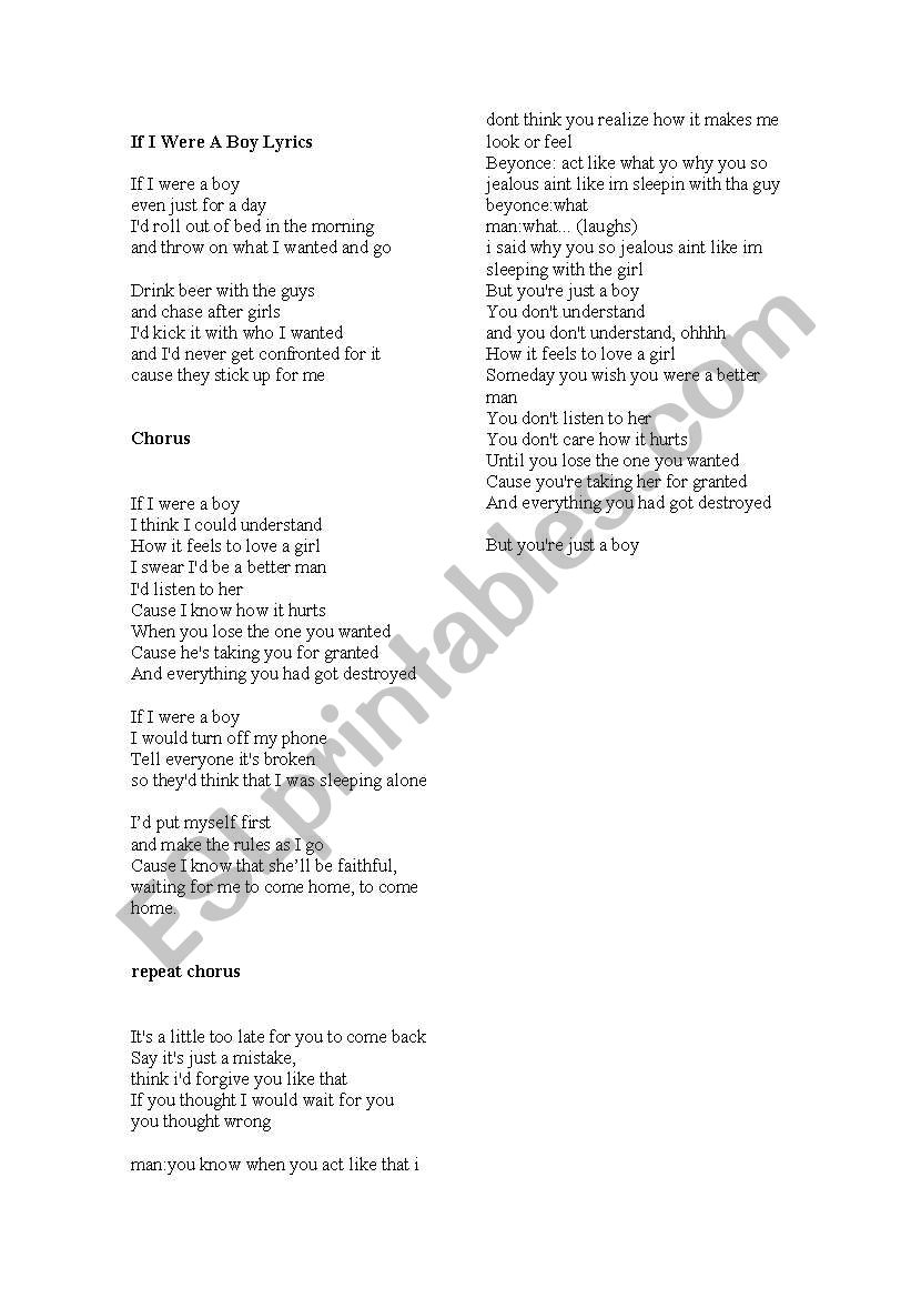 If  I were a boy -song worksheet