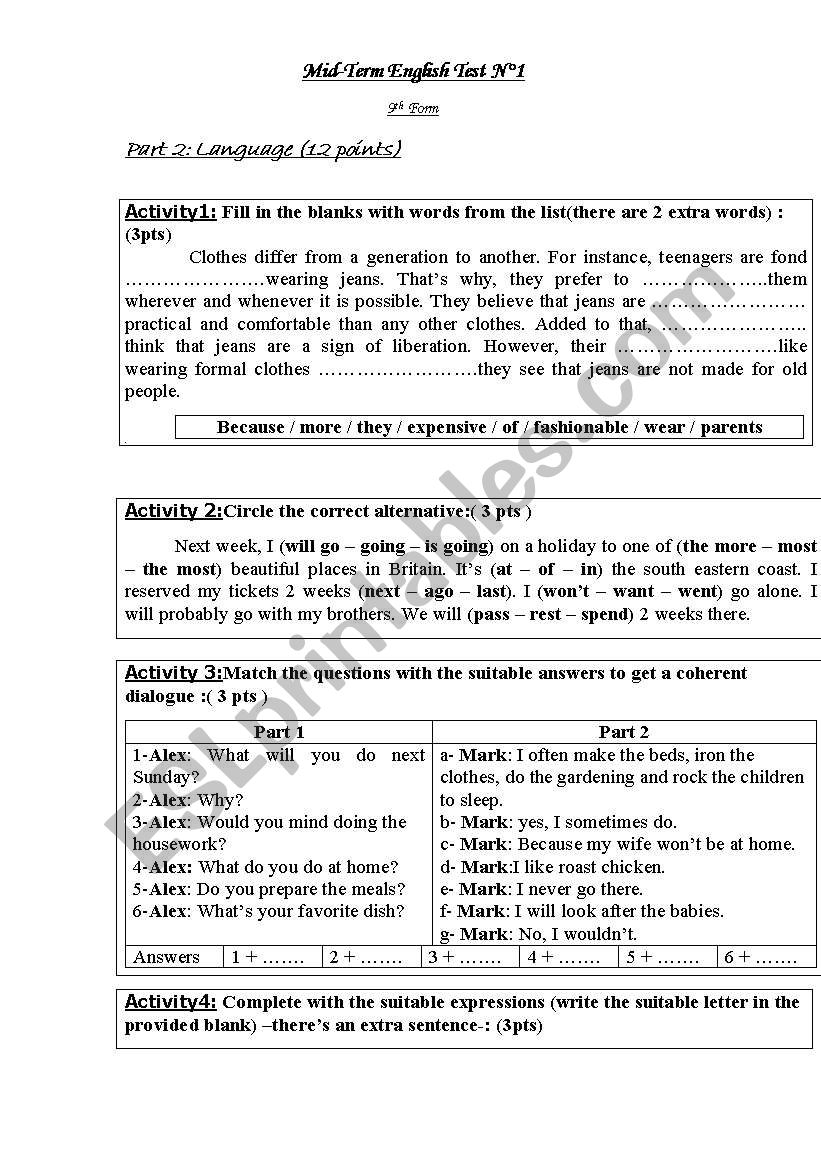 9 english test worksheet