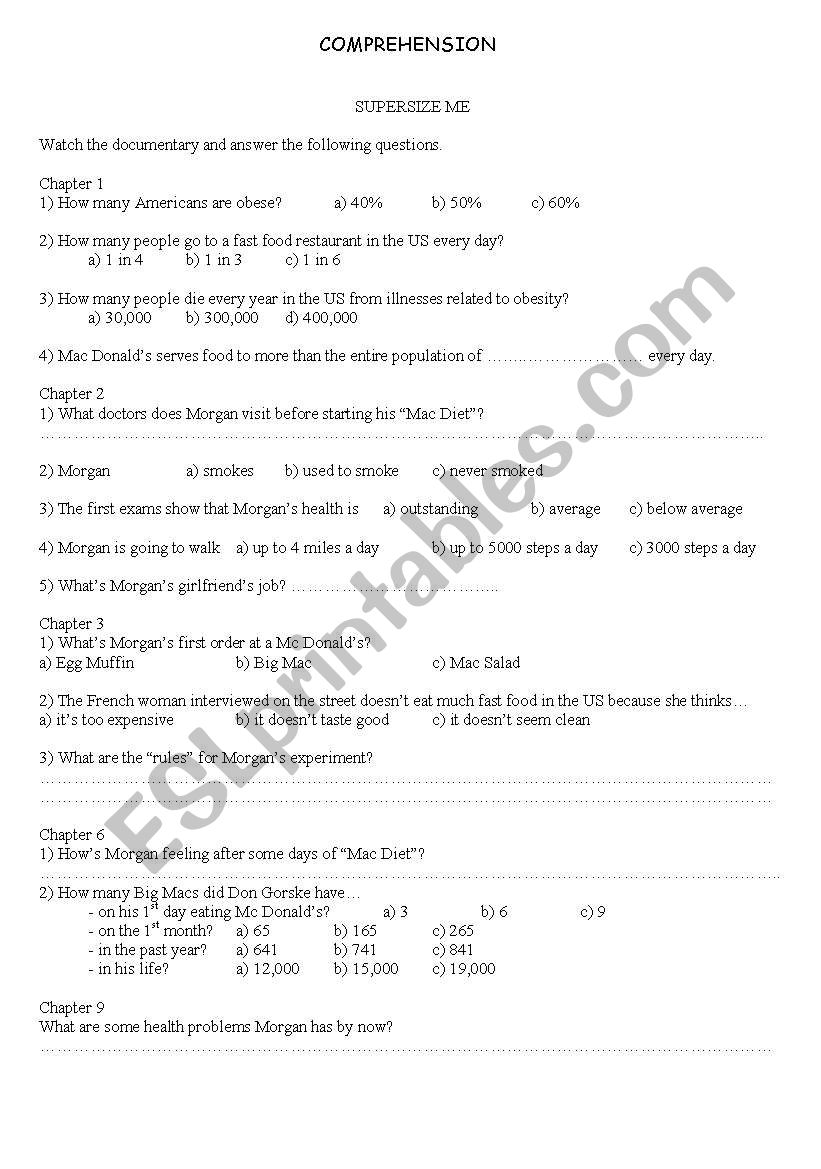 Supersize me - comprehension worksheet