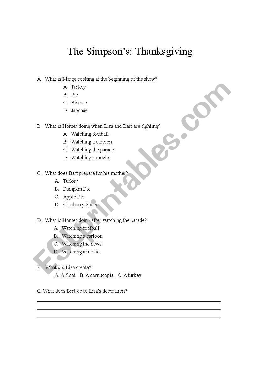 The Simpsons Thanksgiving worksheet