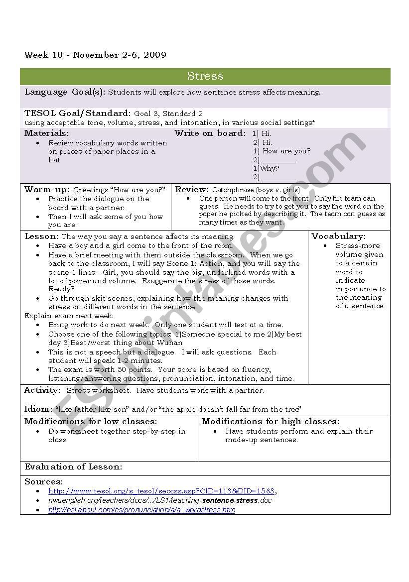 Emphasis/Stress Lesson worksheet