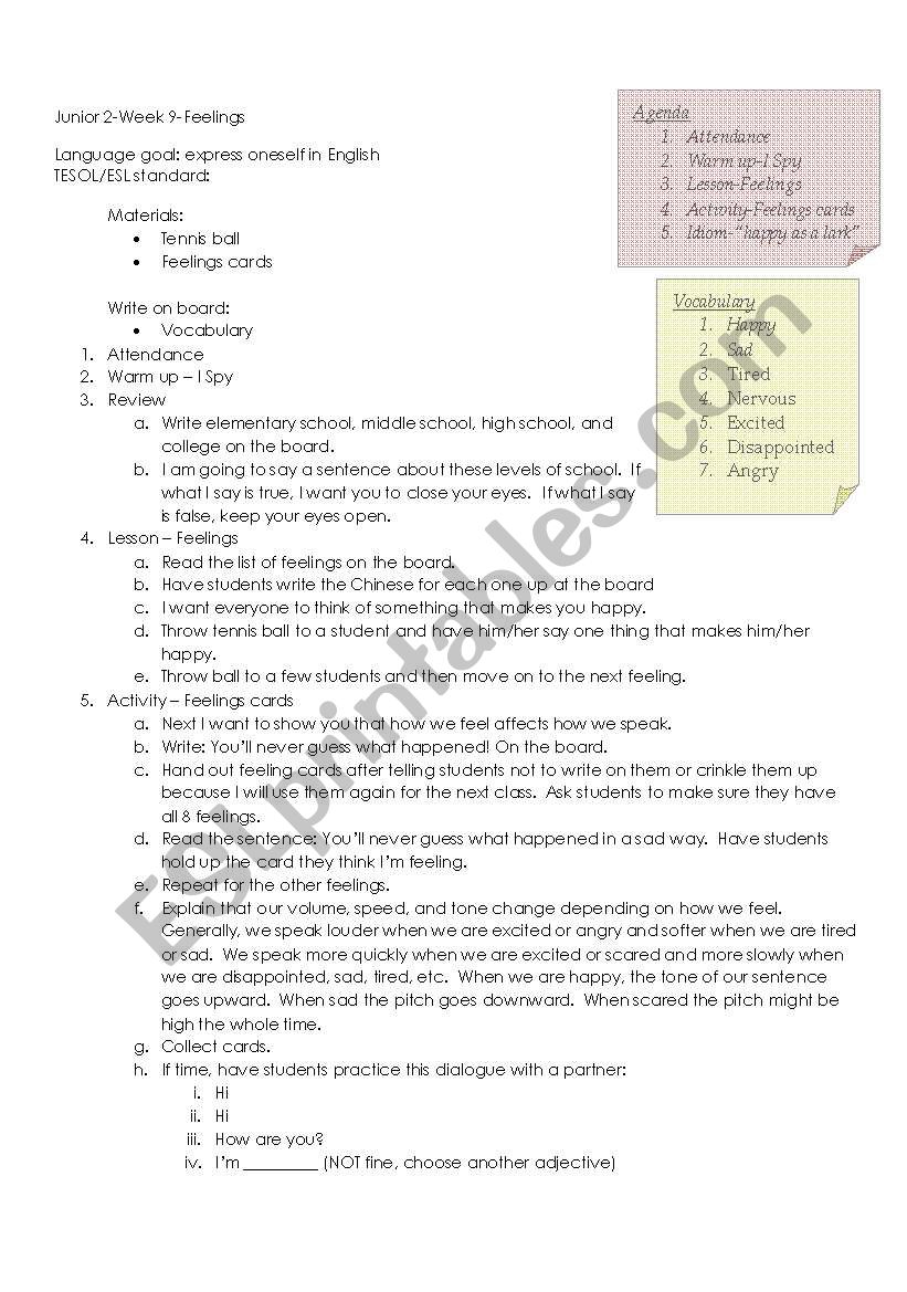 Feelings Lesson worksheet