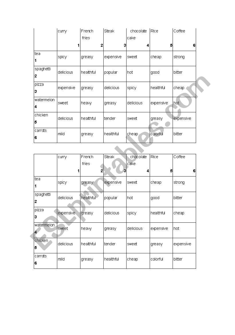 Comparative Dice Bingo worksheet