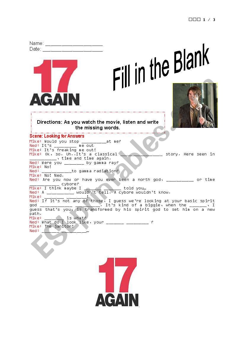 17 Again Fill in the Blank Worksheet