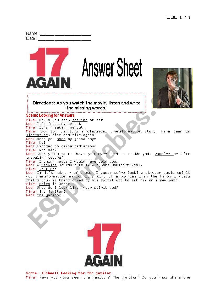 17 Again Fill in the Blank Answer Sheet