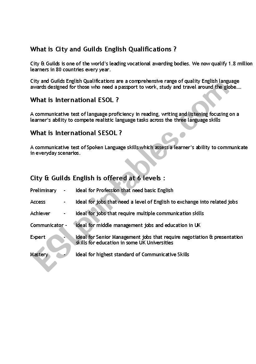 city and guilds worksheet