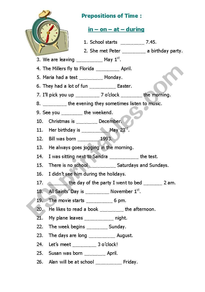 Prepositions of time worksheet