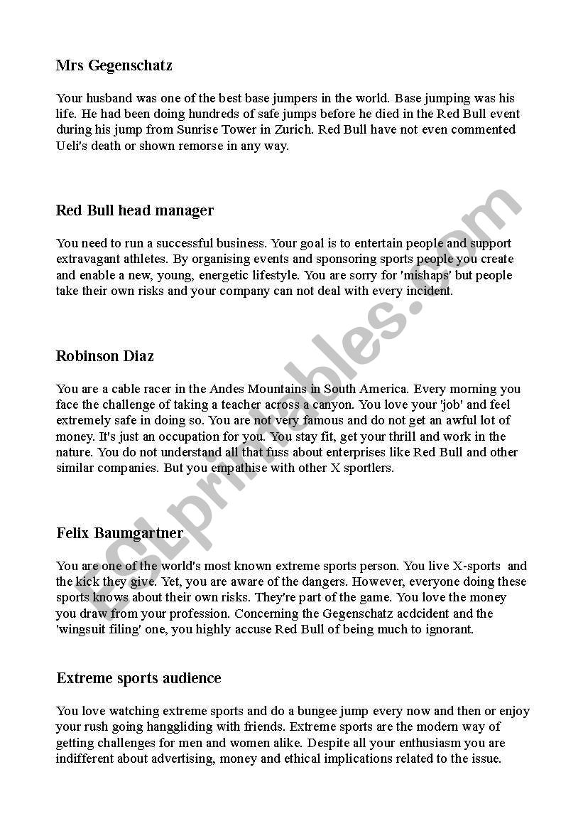 Extreme Sports 4 Role play worksheet