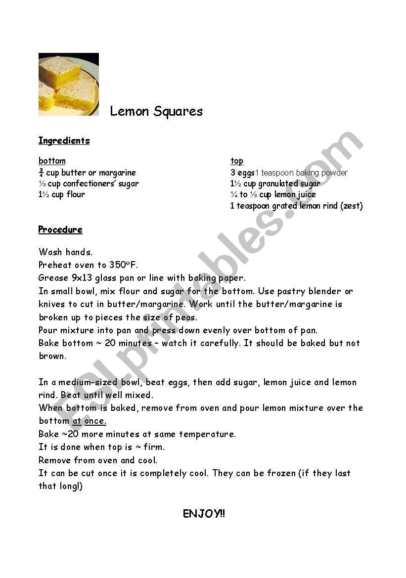 Lets Bake! Lemon Squares worksheet