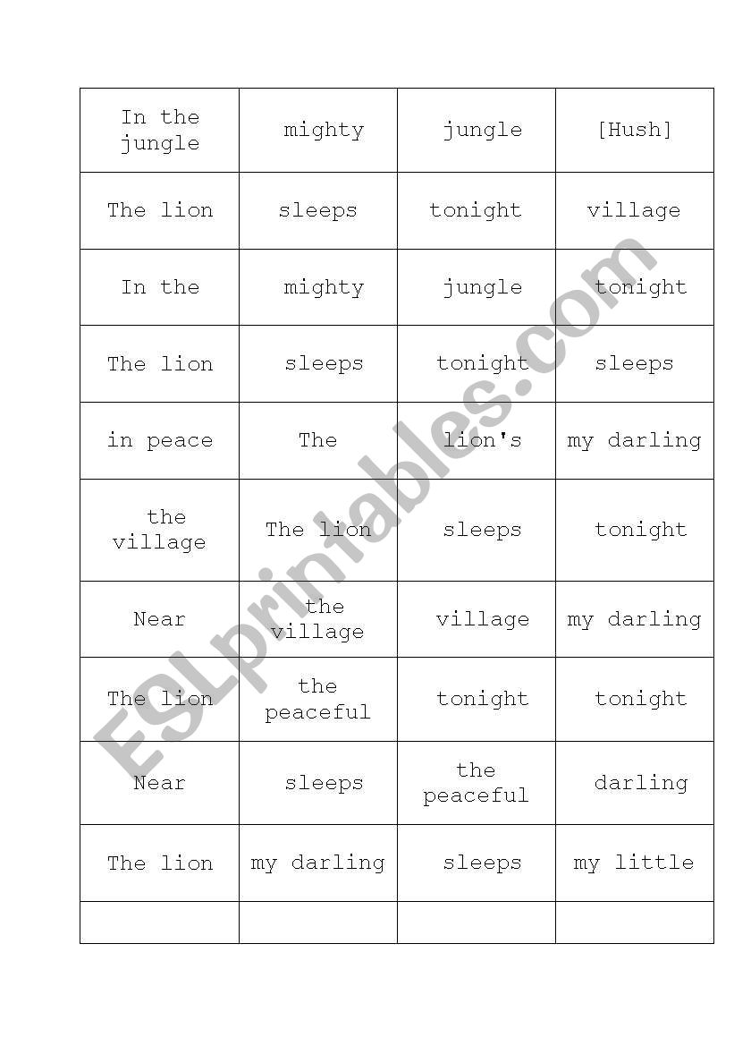 the lion sleeps tonight esl puzzle  &  lyrics