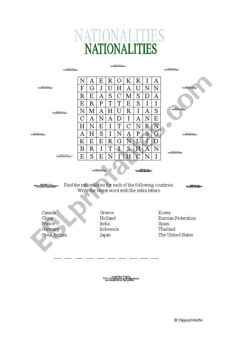 Nationalities WordSearch worksheet