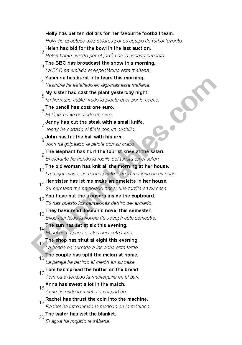 Irregular verbs chart 2 worksheet