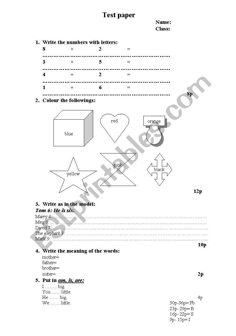 Test paper for 3rd grade worksheet