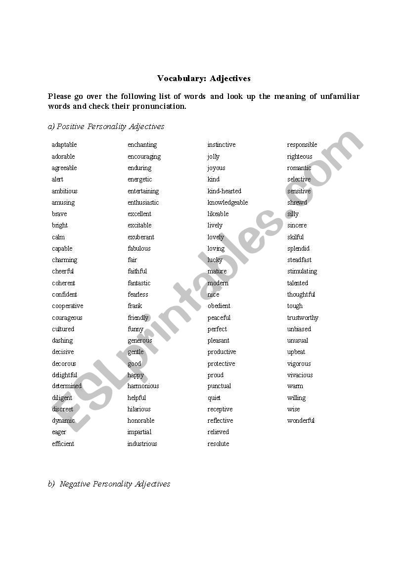 Personality Adjectives worksheet