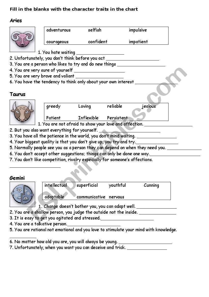 horoscope character traits worksheet