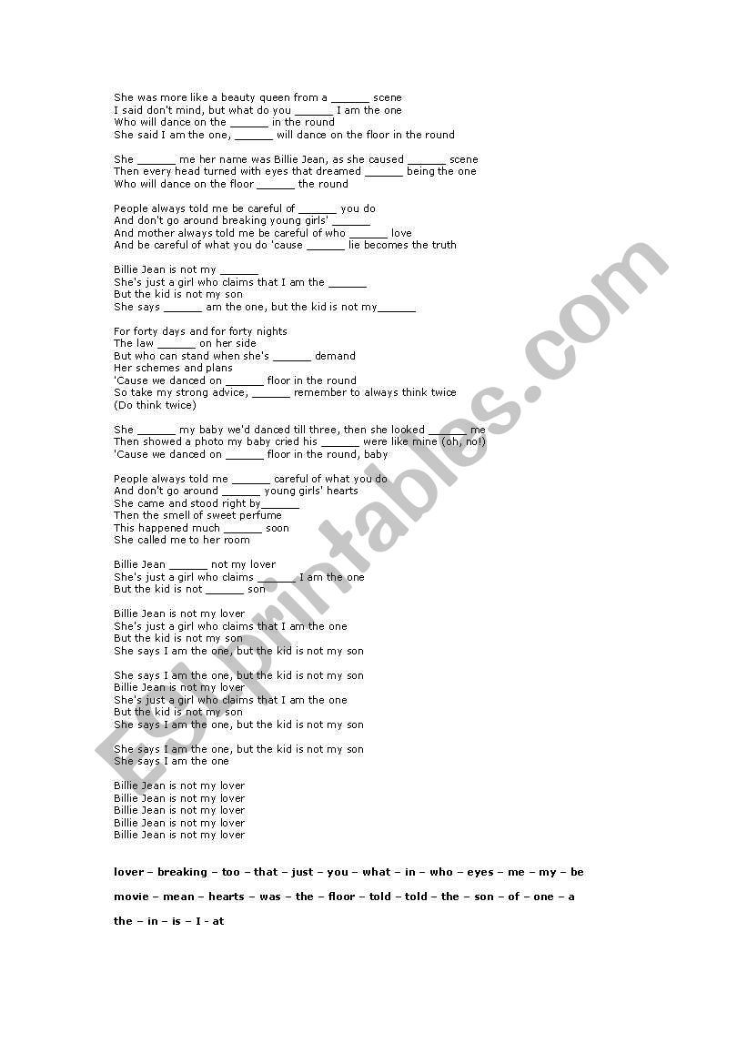 Billie Jean song gap fill worksheet