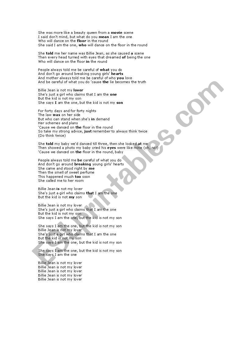Billie Jean song lyrics Answer Key