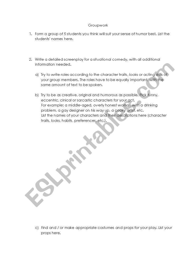Write a situational comedy worksheet