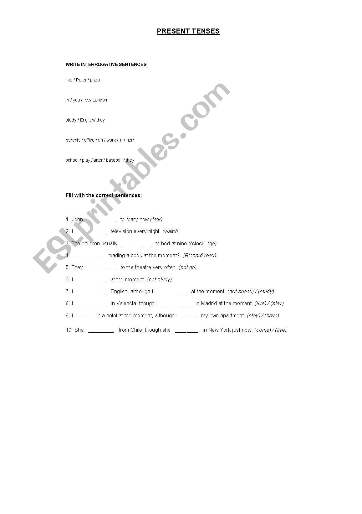 Present Tenses 2 worksheet