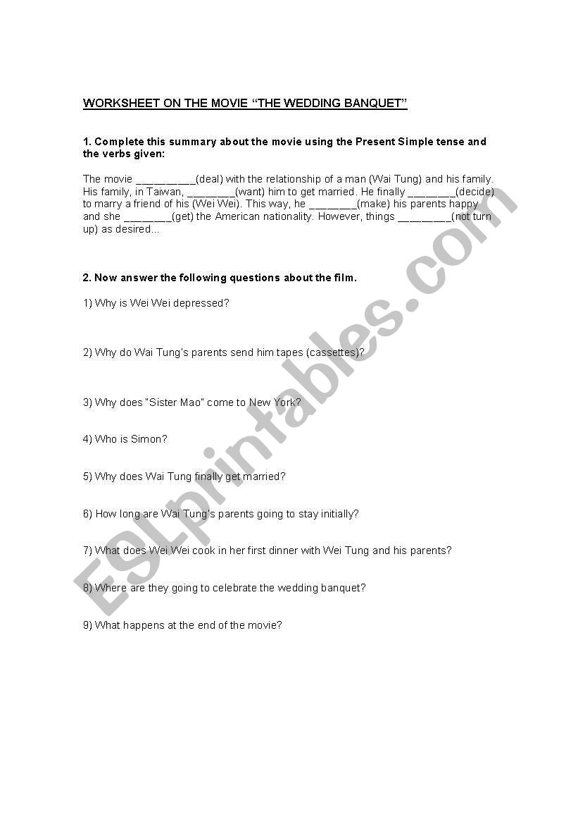 The Wedding Banquet worksheet