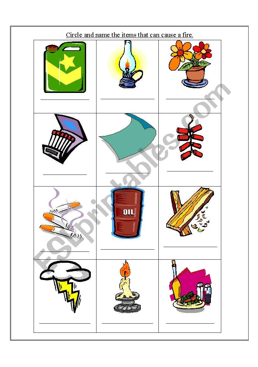 English worksheets Name and circle the items that can cause a fire