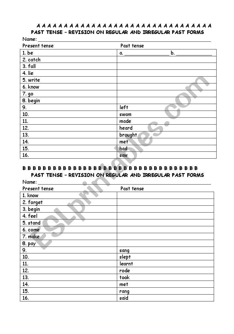 Revision on Past forms worksheet
