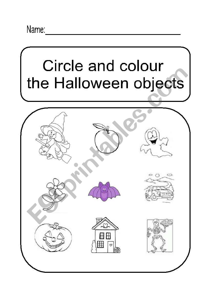Circle and colour the halloween objects