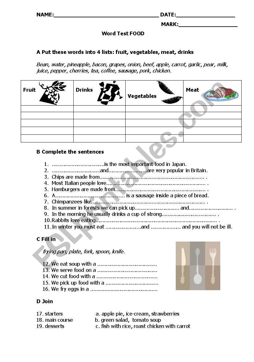 food worksheet