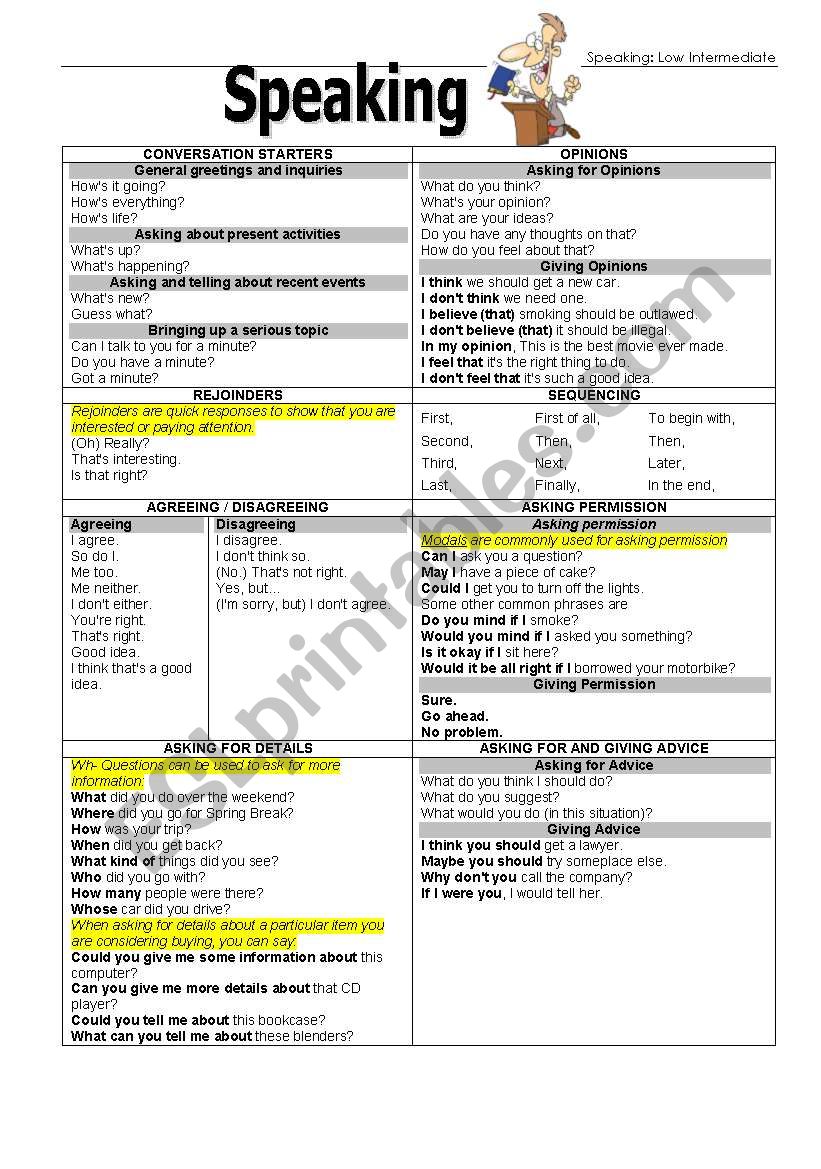 Speaking Low Intermediate worksheet