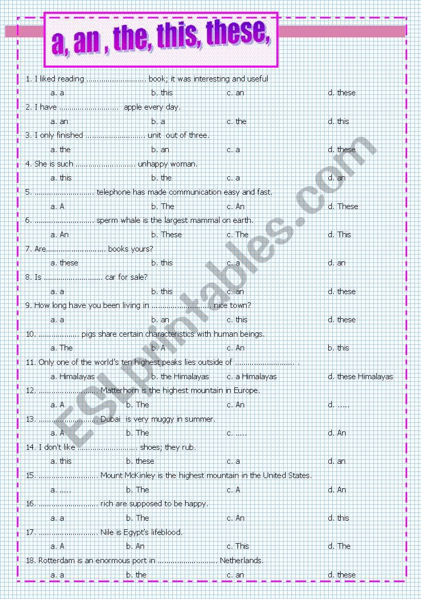 a, an , the, this, these, worksheet
