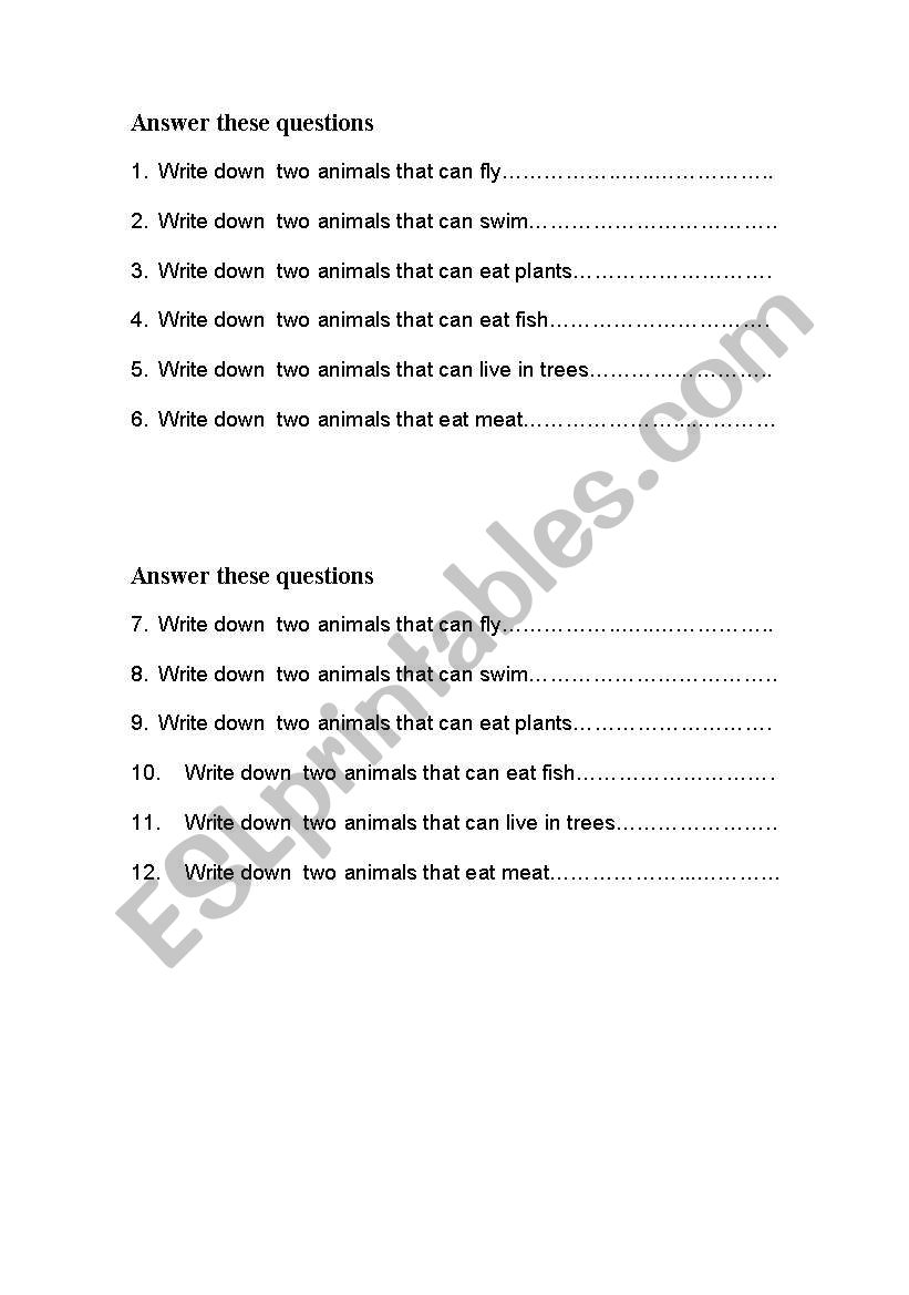 animals that can... worksheet