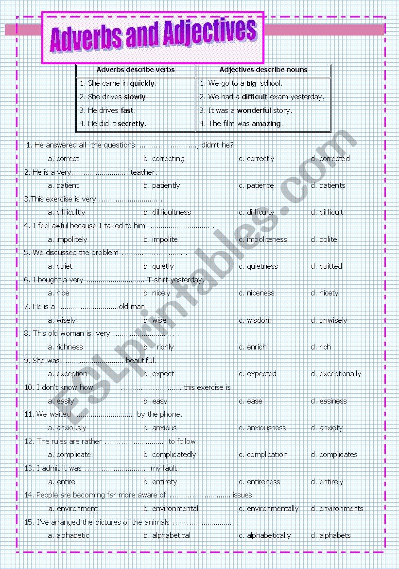 Adverbs and Adjectives worksheet