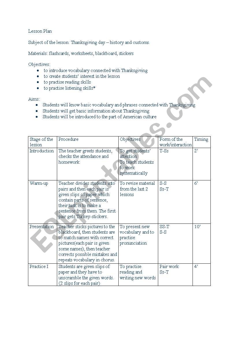 lesson plan on thanksgiving worksheet