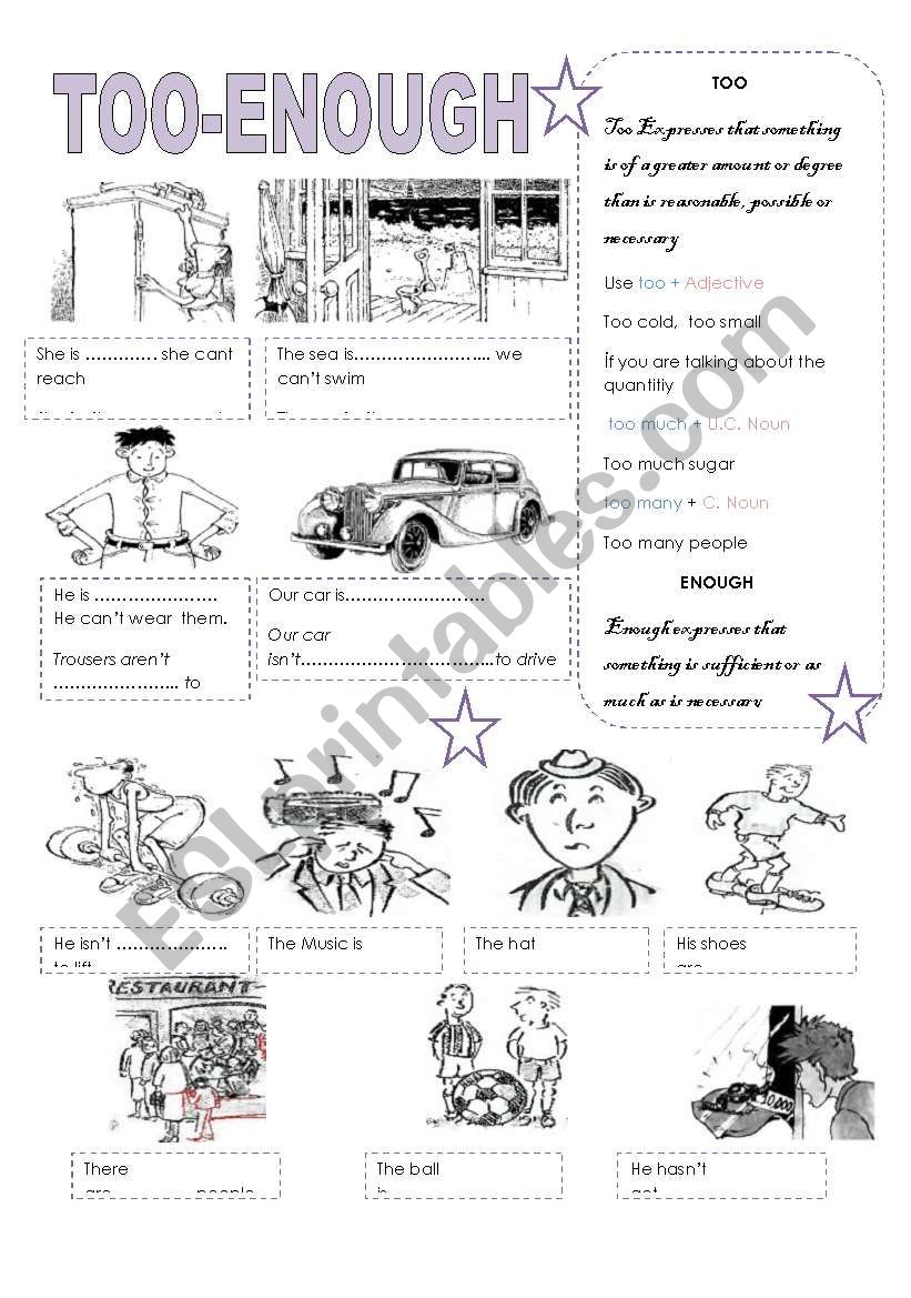 too enough with pictures worksheet