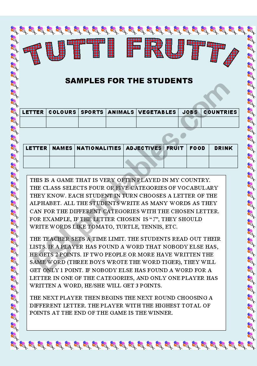 TUTTI FRUTTI worksheet