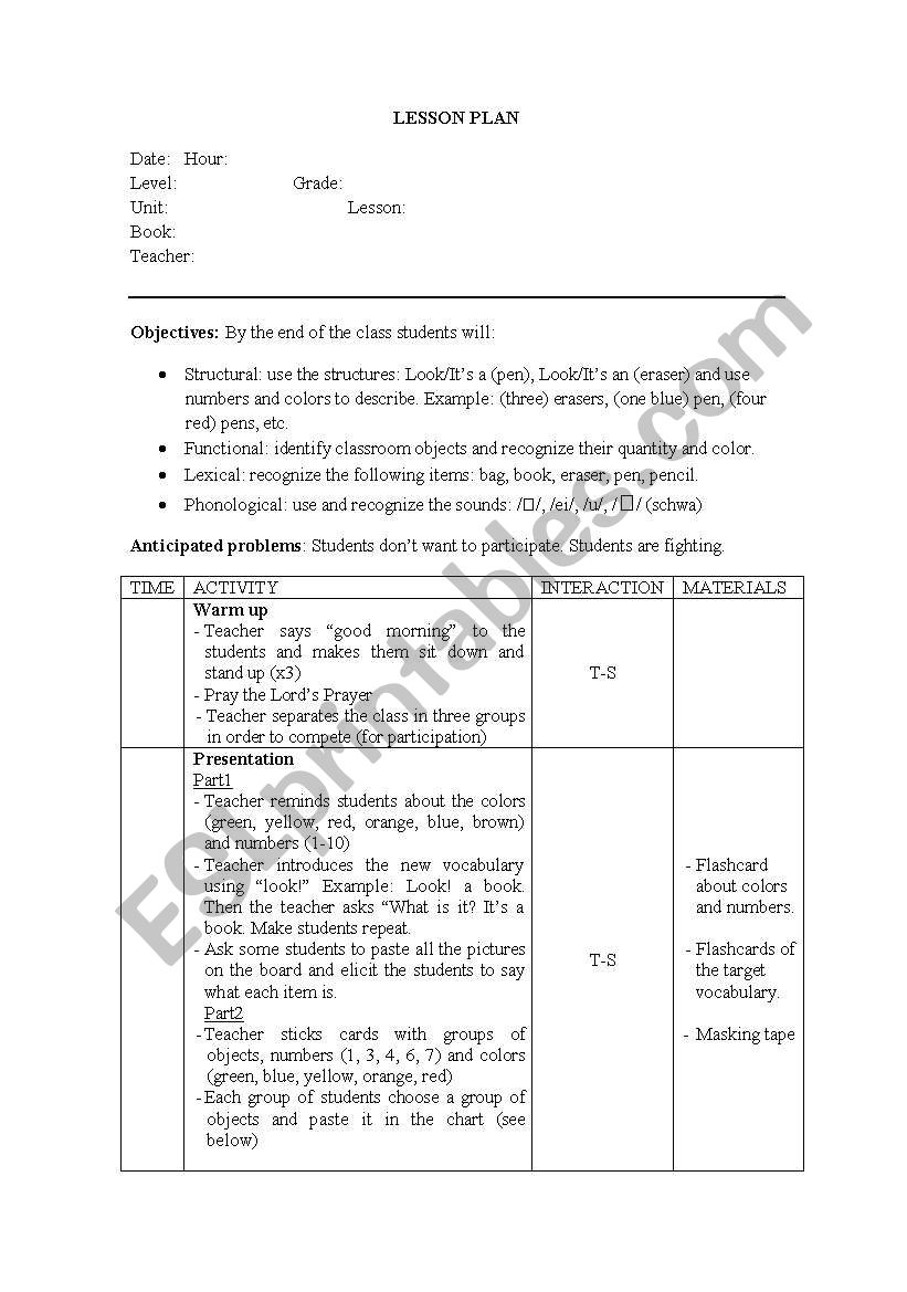 Lesson plan-school objects, numbers and colors